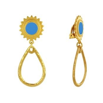 Geëmailleerde zon en gehamerde druppel messing clip oorbellen