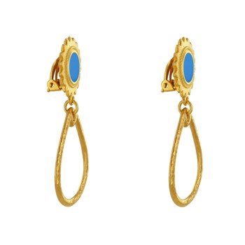 Geëmailleerde zon en gehamerde druppel messing clip oorbellen