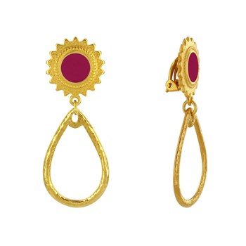 Geëmailleerde zon en gehamerde druppel messing clip oorbellen