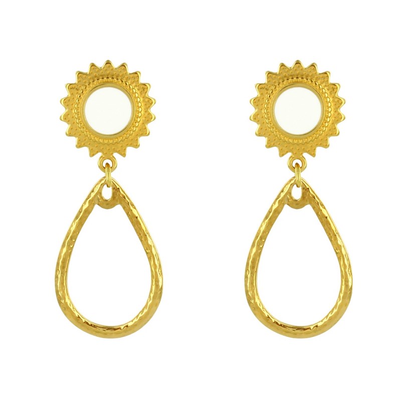 Boucles d'Oreilles Clous Laiton Soleil Émaillé et Goutte Martelée - vue 2