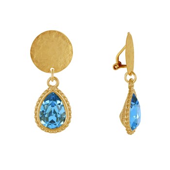 Earrings Clips Gilded Brass Brushed Pastille and Crystal Drop