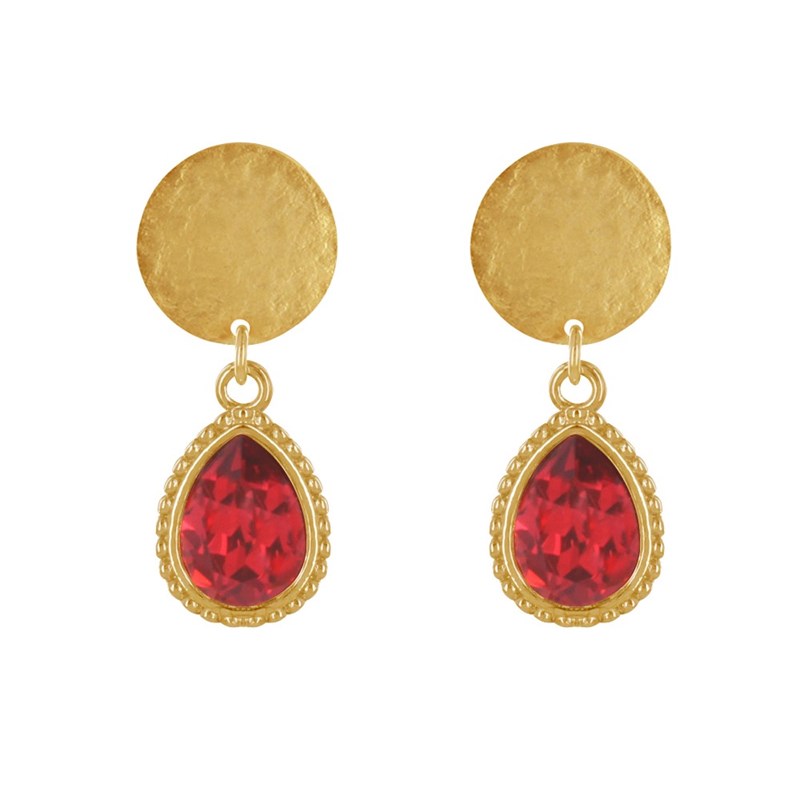 Boucles d'Oreilles Clips Laiton Doré Pastille Brossée et Goutte Cristal - vue 2