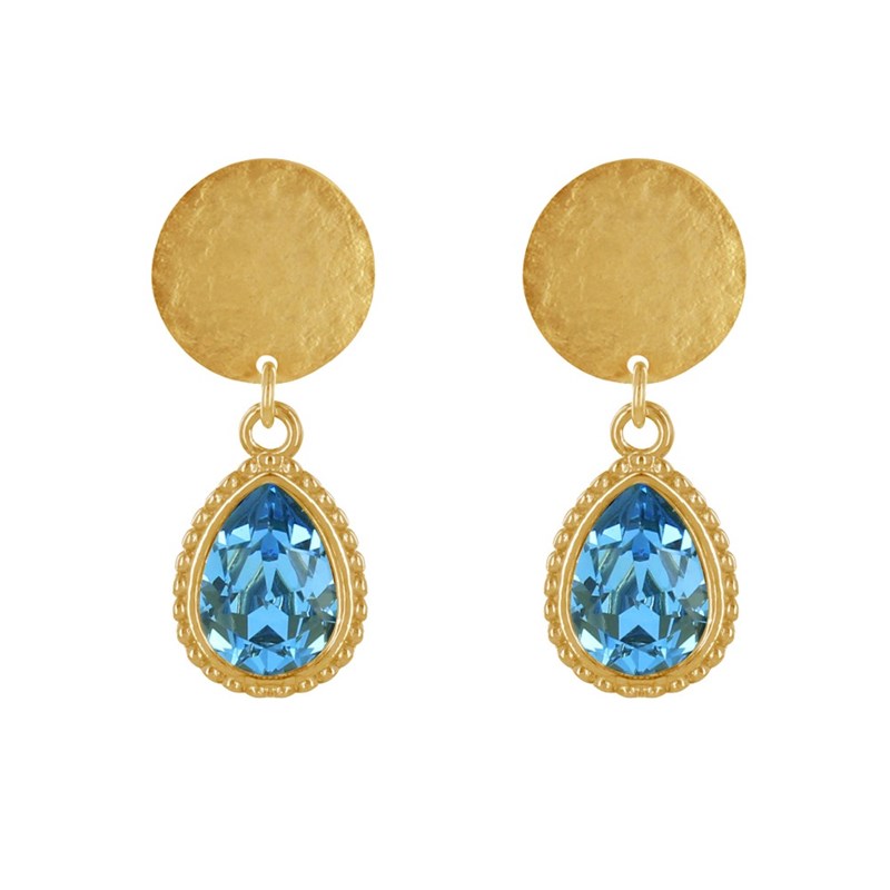 Boucles d'Oreilles Clous Laiton Doré Pastille Brossée et Goutte Cristal - vue 2