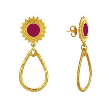 Geëmailleerde Sunburst koperen oorbellen met gehamerde druppel