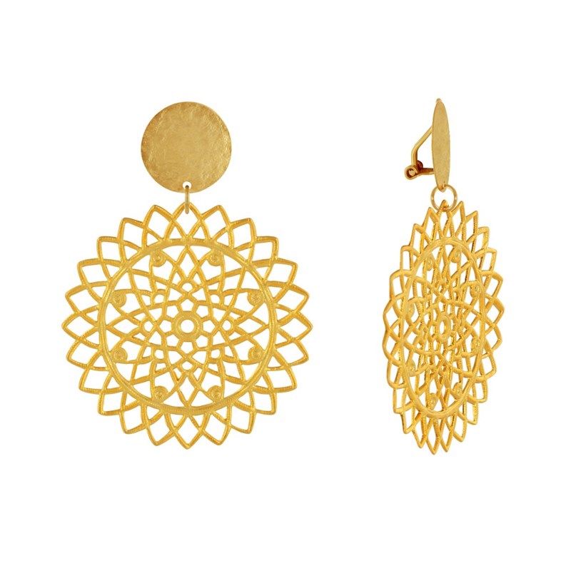 Boucles d'Oreilles Clips Laiton Doré Pastille Brossée et Mandala