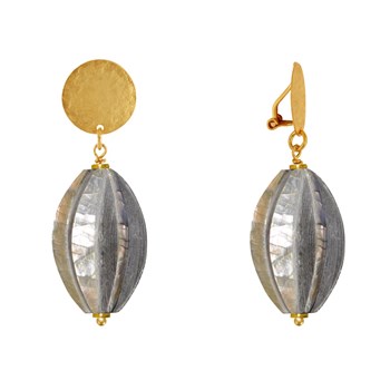 Boucles d'Oreilles Clips Laiton Doré Pastille Brossée et Cabosse Corne et Nacre