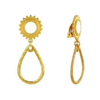 Geëmailleerde zon en gehamerde druppel messing clip oorbellen