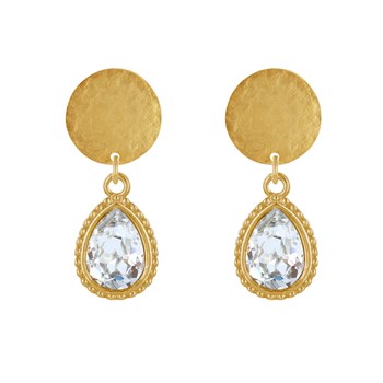 Boucles d'Oreilles Clous Laiton Doré Pastille Brossée et Goutte Cristal