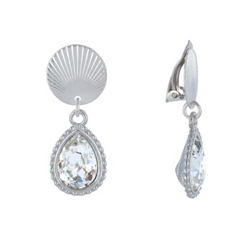 Boucles d'Oreilles Clips Laiton Argenté Pastille Striée et Goutte Cristal