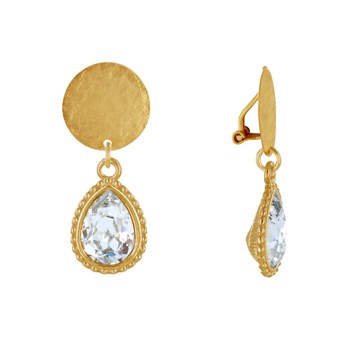 Earrings Clips Gilded Brass Brushed Pastille and Crystal Drop
