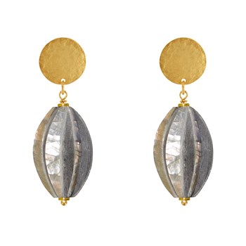 Boucles d'Oreilles Clous Laiton Doré Pastille Brossée et Cabosse Corne et Nacre
