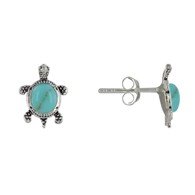 Boucles d'Oreilles Argent 925 Tortue des Galapagos et Cabochon en Turquoise