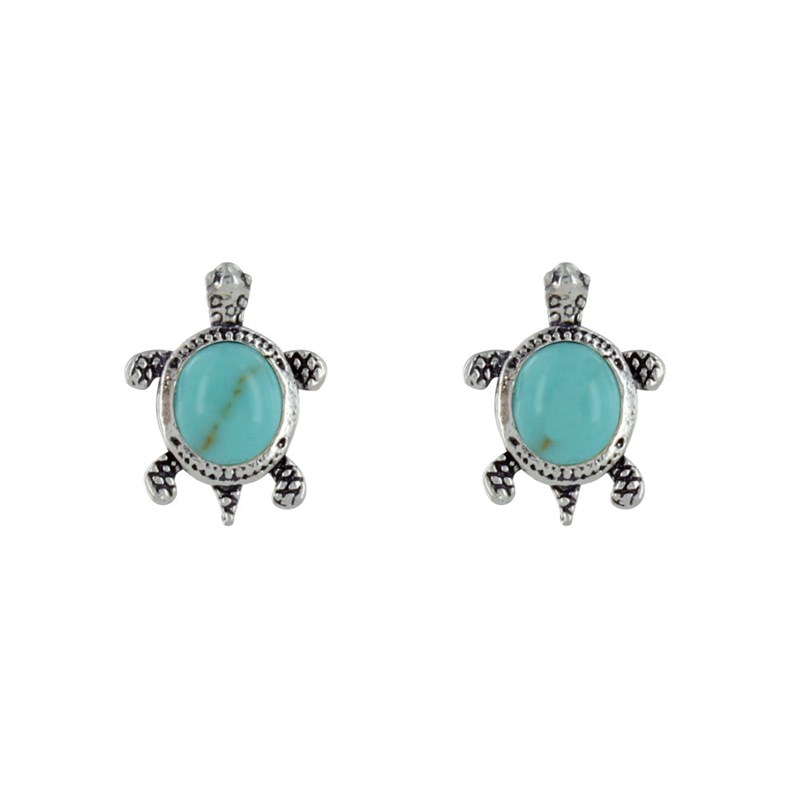 Boucles d'Oreilles Argent 925 Tortue des Galapagos et Cabochon en Turquoise - vue 2