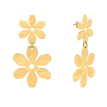 Stud Earrings Gold Brass Two Brushed Flowers