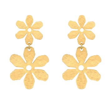Stud Earrings Gold Brass Two Brushed Flowers