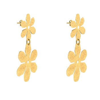 Stud Earrings Gold Brass Two Brushed Flowers