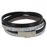 Bracelet Cuir Deux Lanières et Paillettes Fermoir Acier Inoxydable - Classics - Noir