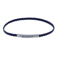 Bracelet Femme Tresse Plate en Cuir Mat Fermoir Clip Acier Inoxydable - Bleu Navy