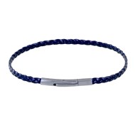 Bracelet Femme Tresse Plate en Cuir Brillant Fermoir Clip Acier Inoxydable - Bleu Navy