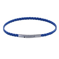 Bracelet Femme Tresse Plate en Cuir Brillant Fermoir Clip Acier Inoxydable - Bleu
