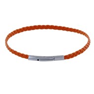 Bracelet Femme Tresse Plate en Cuir Mat Fermoir Clip Acier Inoxydable - Orange