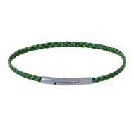 Bracelet Femme Tresse Plate en Cuir Brillant Fermoir Clip Acier Inoxydable - Vert kaki