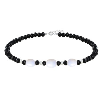 925 Silver Bracelet 3 White Cultured Pearls and Faceted Black Onyx Beads