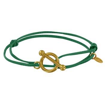 Gold Plated Double Tour Sliding Leather Link and T Clasp Bracelet - Light Green