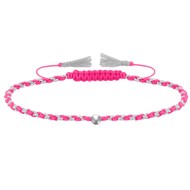Bracelet Lien Tréssé Rond Bicolore Lurex et Une Perle Argent 925 - Rose Fluo
