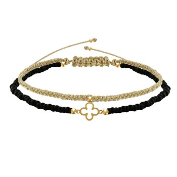 Duo Clover Bracelet 9 Carat Gold Beads and Gold Braided Link - Black