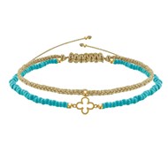Bracelet Duo Trèfle Or 9 Carats Perles et Lien Tréssé Doré - Turquoise
