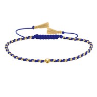 Bracelet Lien Tréssé Rond Bicolore Lurex Doré et Une Perle Or 14 Carats - Bleu Navy