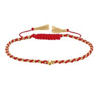 Bracelet Lien Tréssé Rond Bicolore Lurex Doré et Une Perle Or 14 Carats - Rouge