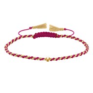 Bracelet Lien Tréssé Rond Bicolore Lurex Doré et Une Perle Or 14 Carats - Fuchsia