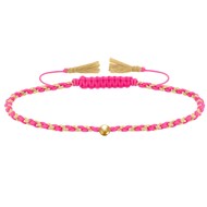 Bracelet Lien Tréssé Rond Bicolore Lurex Doré et Une Perle Or 14 Carats - Rose Fluo