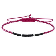 Bracelet Lien Tréssé Plat Bicolore Lurex Perles Noires et Perles Argent 925 - Fuchsia