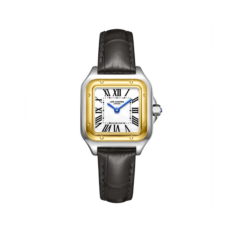 AVA - Montre Femme - Analogique Mouvement Quartz 2 aiguilles - Boitier rectangulaire en métal - Bracelet en cuir noir façon alligator