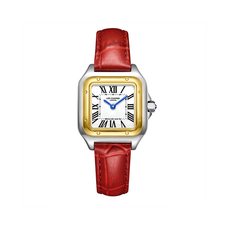 AVA - Montre Femme - Analogique Mouvement Quartz 2 aiguilles - Boitier rectangulaire en métal - Bracelet en cuir rouge façon alligator