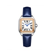 AVA - Montre Femme - Analogique Mouvement Quartz 2 aiguilles - Boitier rectangulaire en métal - Bracelet en cuir bleu façon alligator