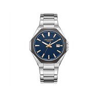 LÉON - Montre Homme - Analogique Mouvement Quartz 3 aiguilles et date - Boitier octogonal en métal argenté - Cadran bleu foncé