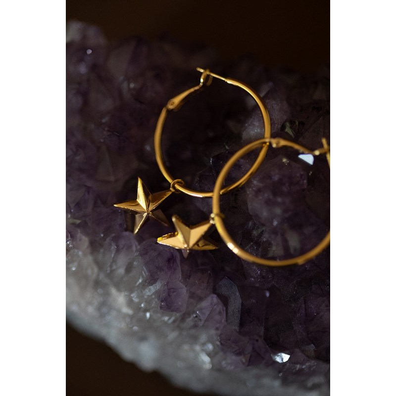 petites boucles d'oreilles créoles étoiles doré à l'or fin - RAOUL - vue 3