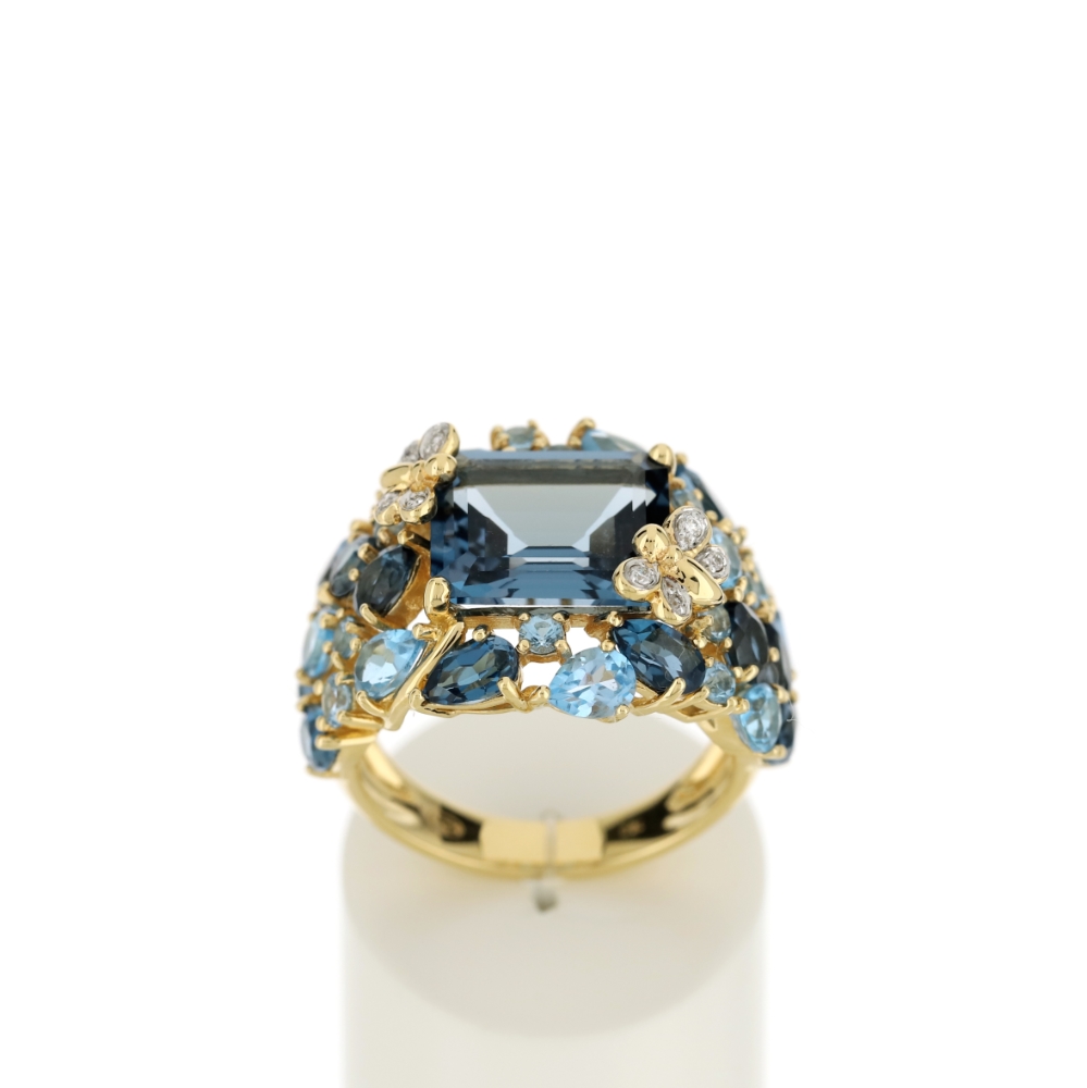 Bague or jaune 750 papillons topazes London Blue et Swiss Blue et diamants - vue 360