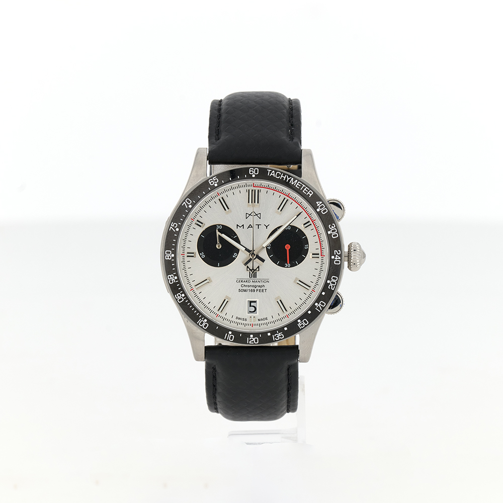 Montre MATY GM chronographe cadran blanc bracelet cuir noir - vue 360