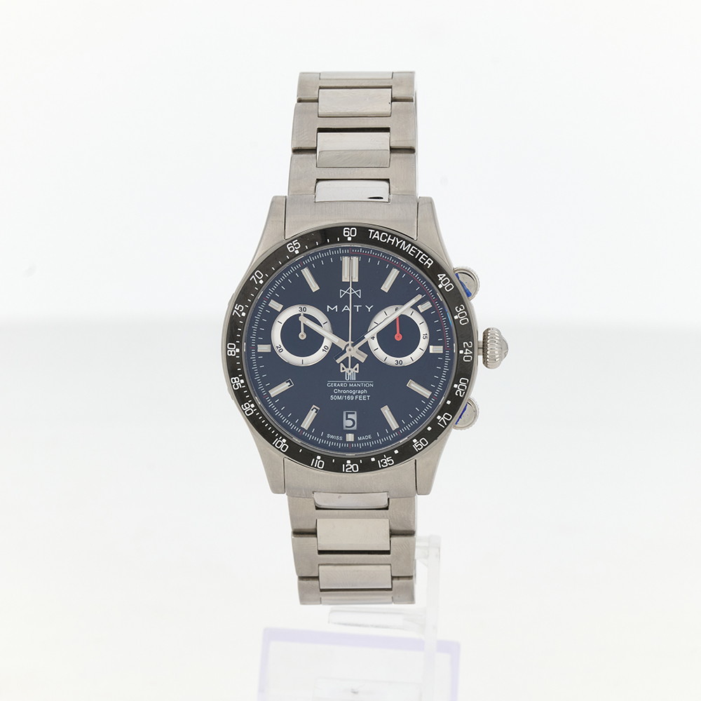 MATY GM chronograafhorloge met grijze wijzerplaat en stalen band - 360°-weergave