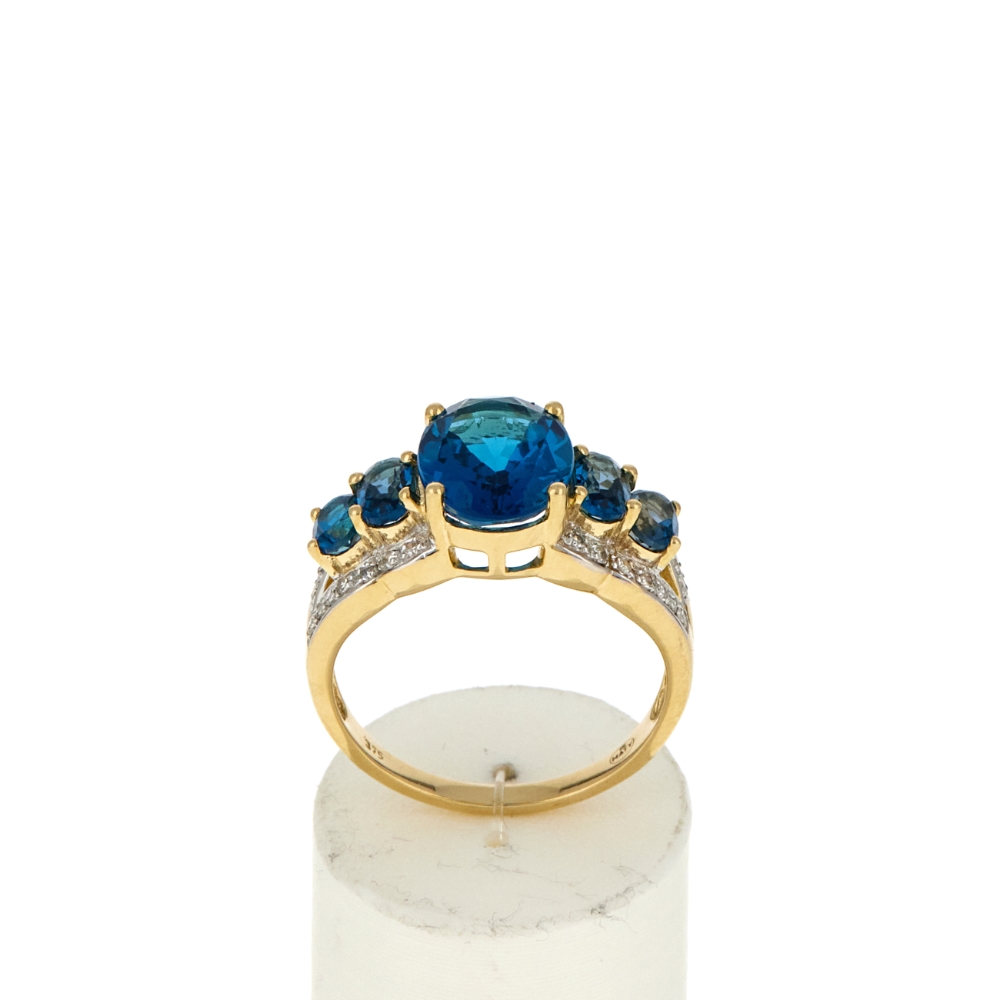 Bague or 375 jaune topazes bleues traitées ovales et diamants - vue 360