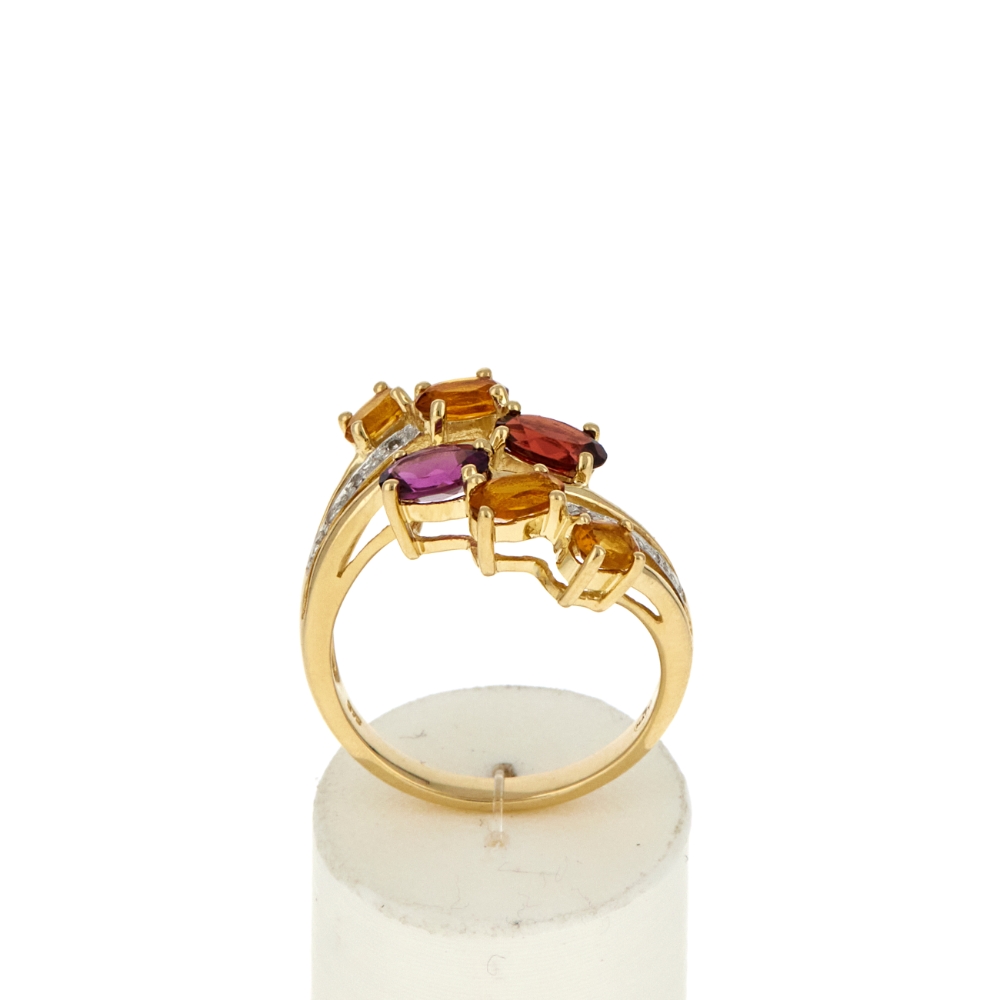 Bague or 375 jaune diamants grenat, grenat rhodolites et citrine - vue 360