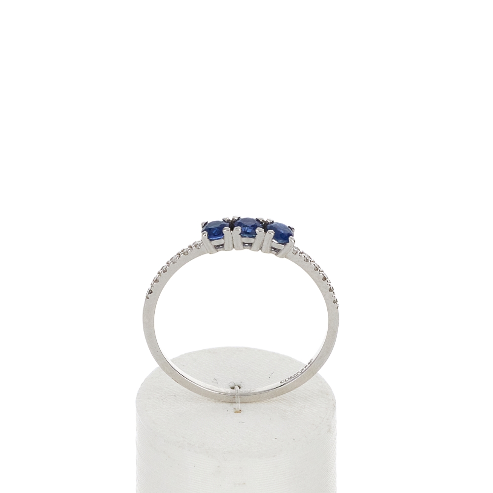 Bague or 375 blanc 3 saphirs et diamants - vue 360