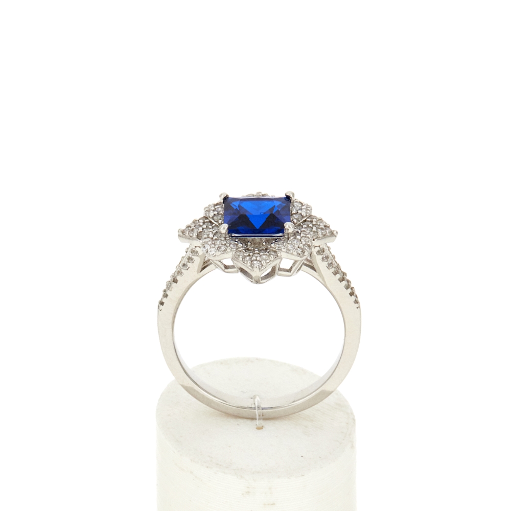 Bague argent 925 pierre synthétique bleue et zirconias - vue 360