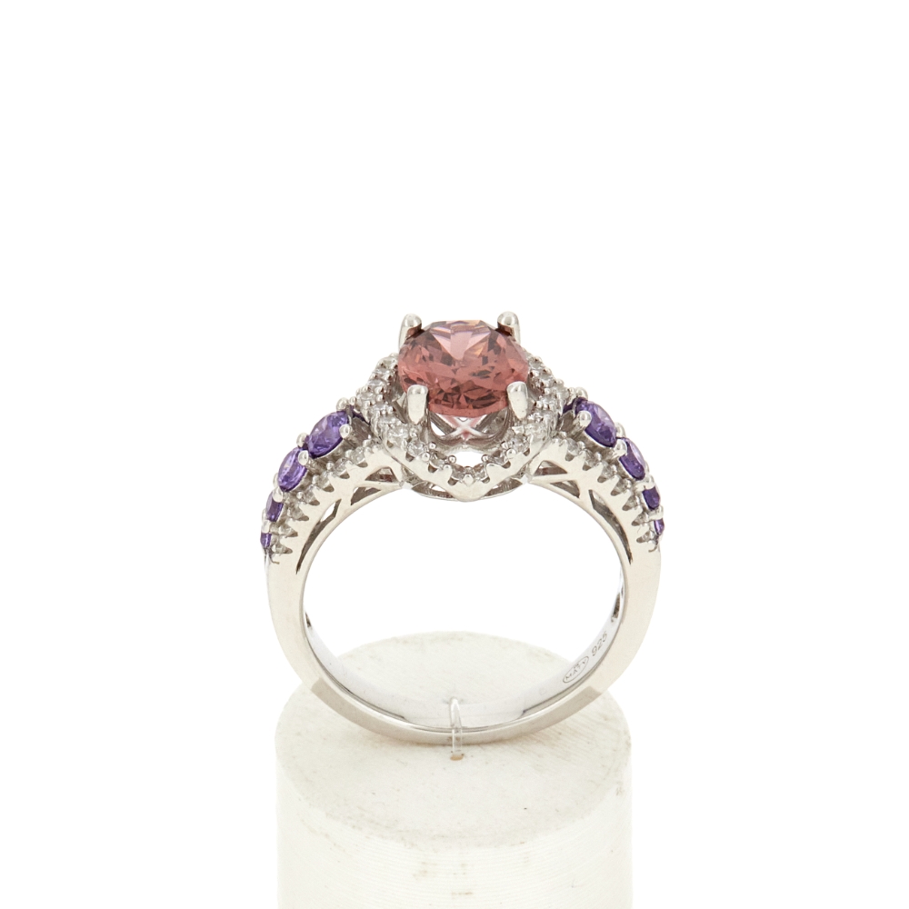 Bague argent 925 zirconias violet, rose et blanc - vue 360