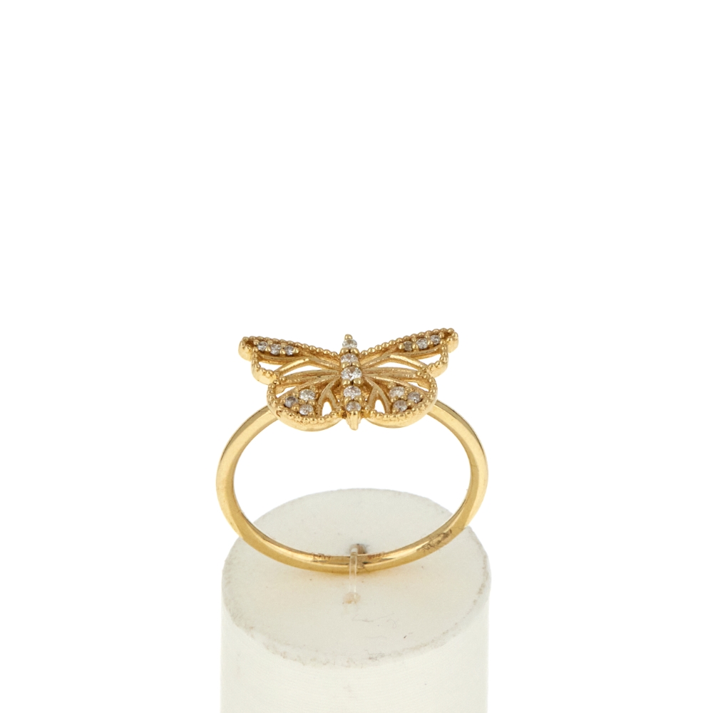 Bague or 375 jaune diamants motif papillon - vue 360